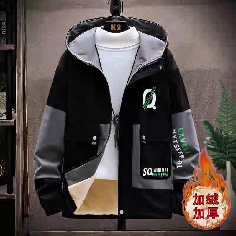 2023新款潮牌男士青少年学生秋冬加绒保暖夹克流行个性拼色外套