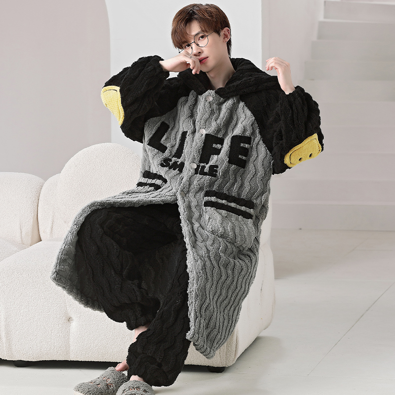 睡衣男秋冬季珊瑚绒加绒加厚法兰绒宽松长款睡袍加肥特大码300斤