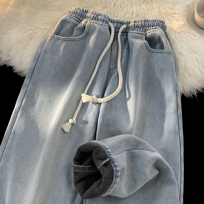 美式复古基础款裤子秋冬季加绒加厚蓝色牛仔裤男款vibe宽松直筒裤