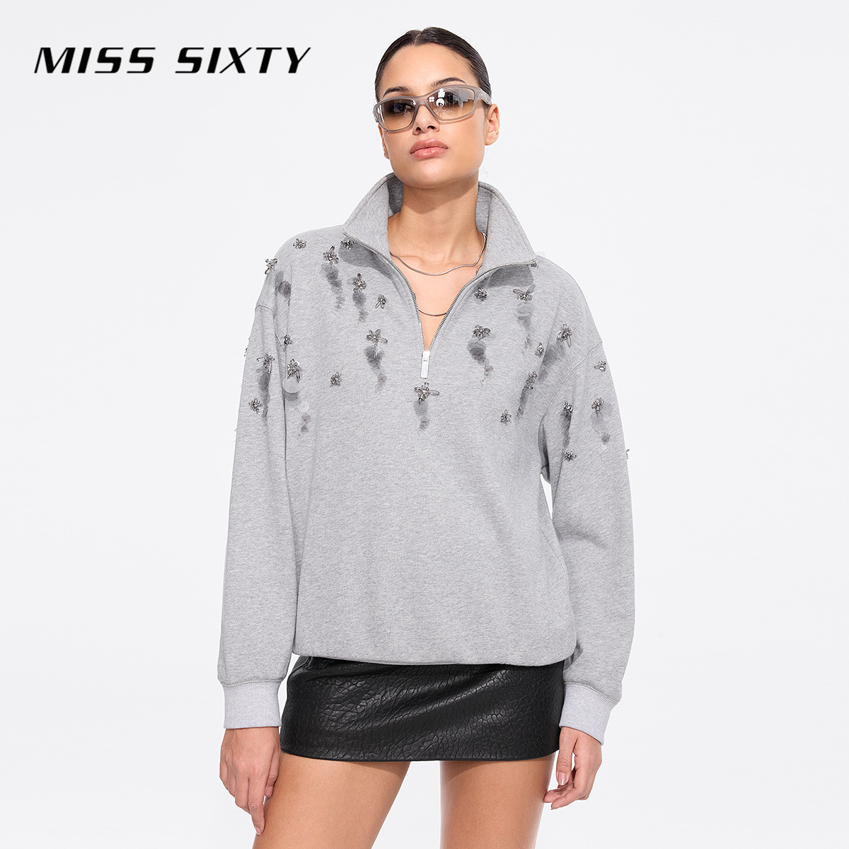【贤哥专属】Miss Sixty冬季新款卫衣女立领半拉链重工钉珠宽松细闪