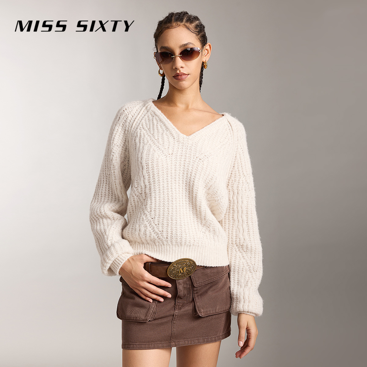 【妙妙专属】Miss Sixty秋季新款针织衫女V领宽松短款绵羊毛衣上