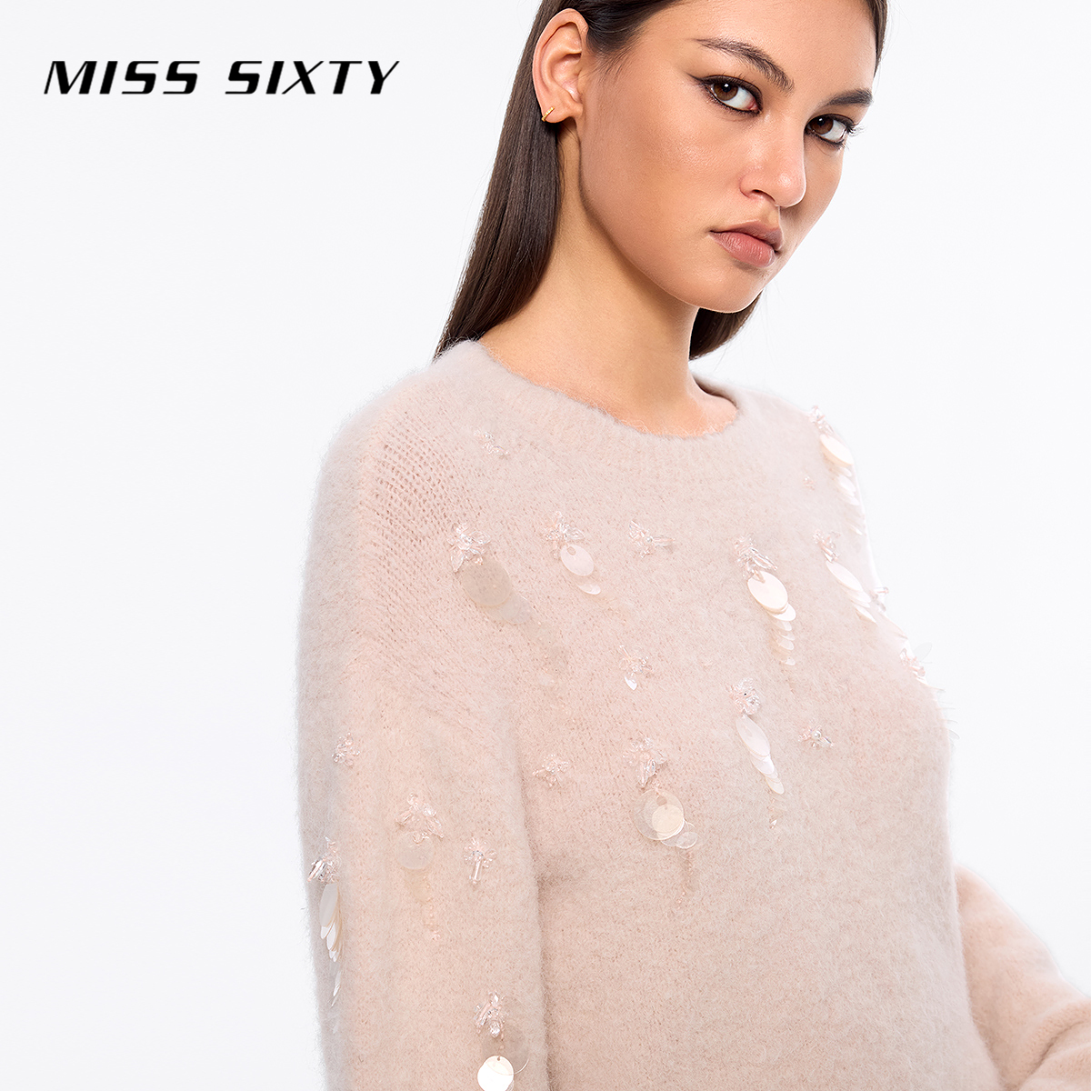 Miss Sixty冬季新款针织衫女圆领重工钉珠设计感毛衣派对高级