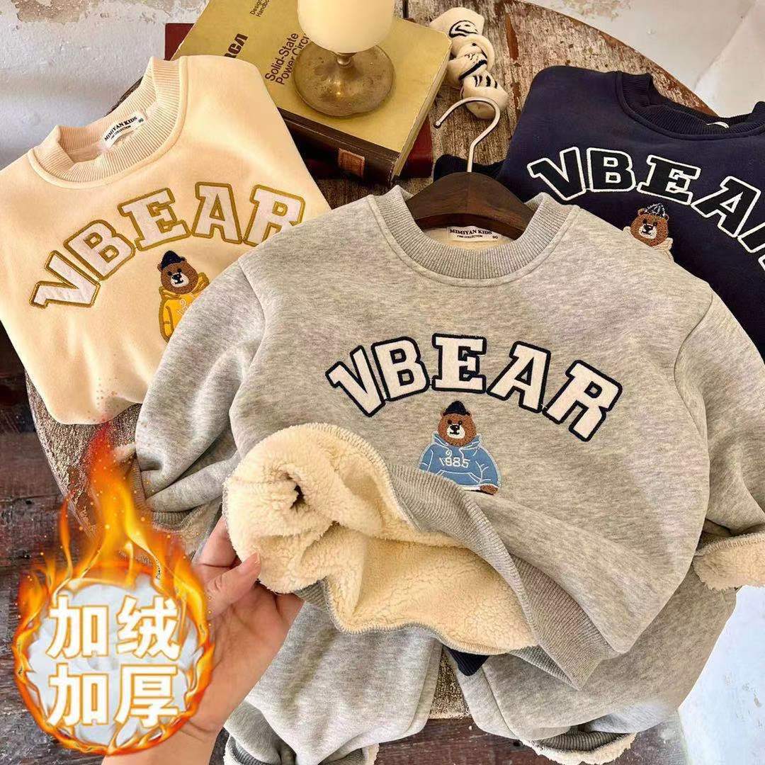 男女童加绒加厚儿童套装2023秋冬新款中小童卫衣卫裤宝宝两件套潮