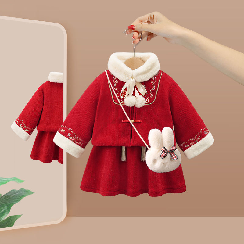 女童冬季汉服新年套装加绒加厚儿童新款拜年中国宝宝唐装冬季新款