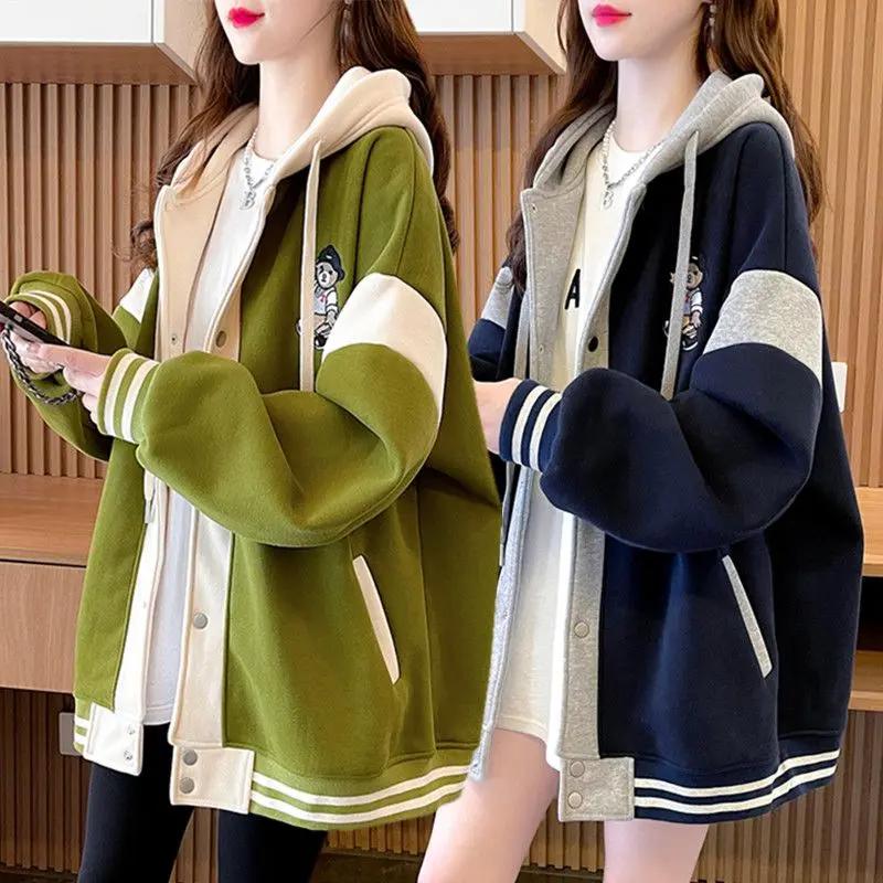 OD中长款连帽卫衣女学生春秋薄款宽松大码休闲百搭棒球服开衫外套