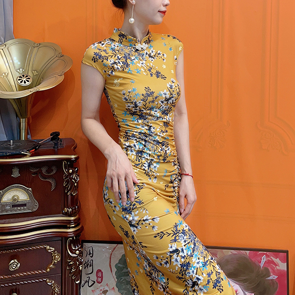 【举止娴雅】轻奢复古中国风印花旗袍优雅名媛褶皱修身侧开衩连衣裙