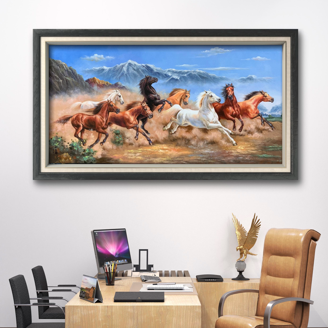 八骏图油画作品办公室书房首选规格60X120CM加框80X140CM 
