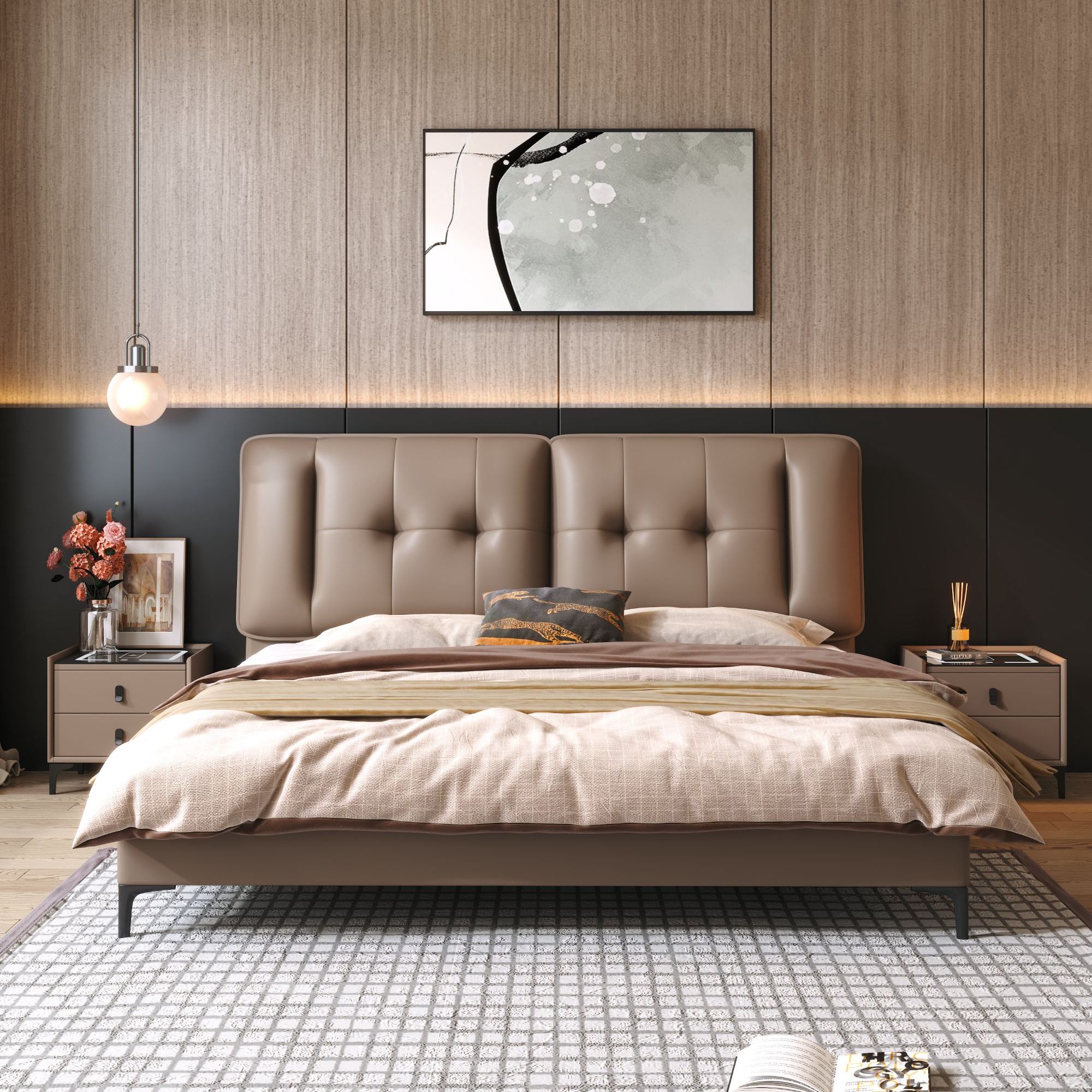 839#意式真皮轻奢高端大气床现代简约主卧双人大床储物实木软包