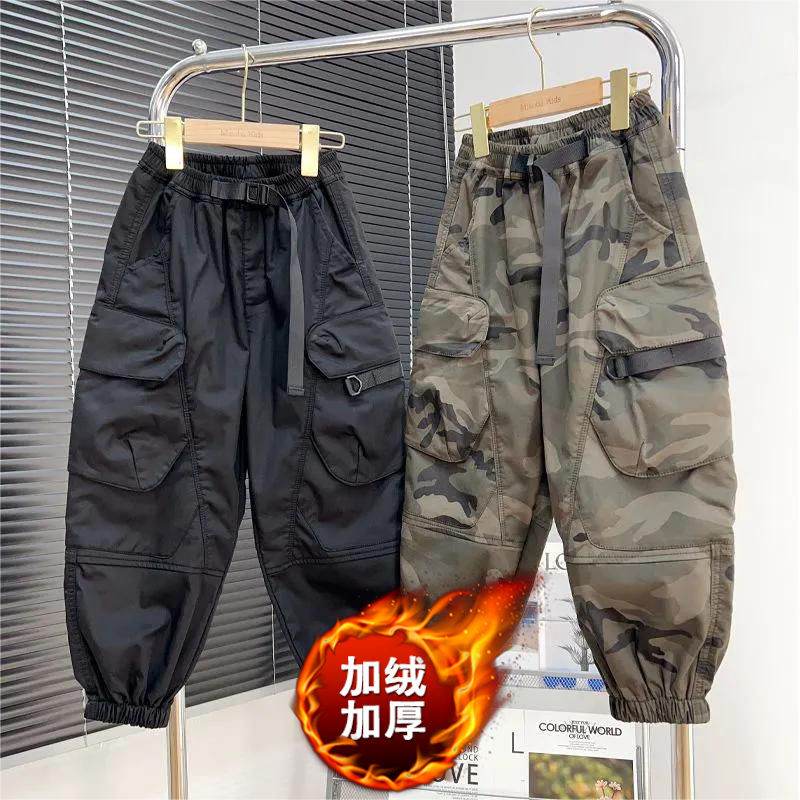 童装男童迷彩裤子2023加绒加厚保暖冬季儿童裤子阔腿棉裤喇叭秋冬