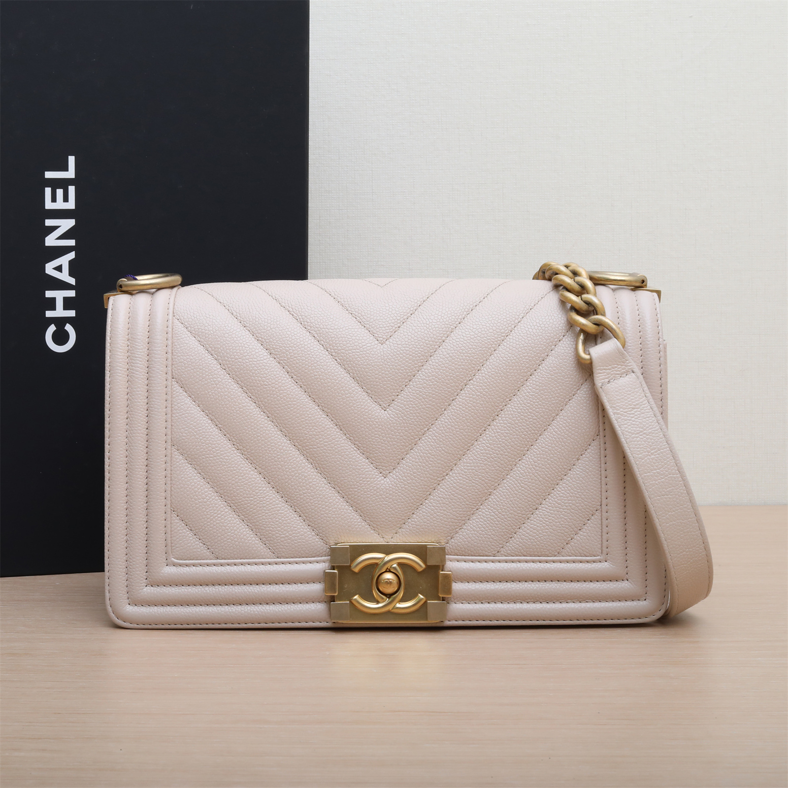 95新 Chanel/香奈儿 小花双双 P223188087 Leboy中号 米白色 25开