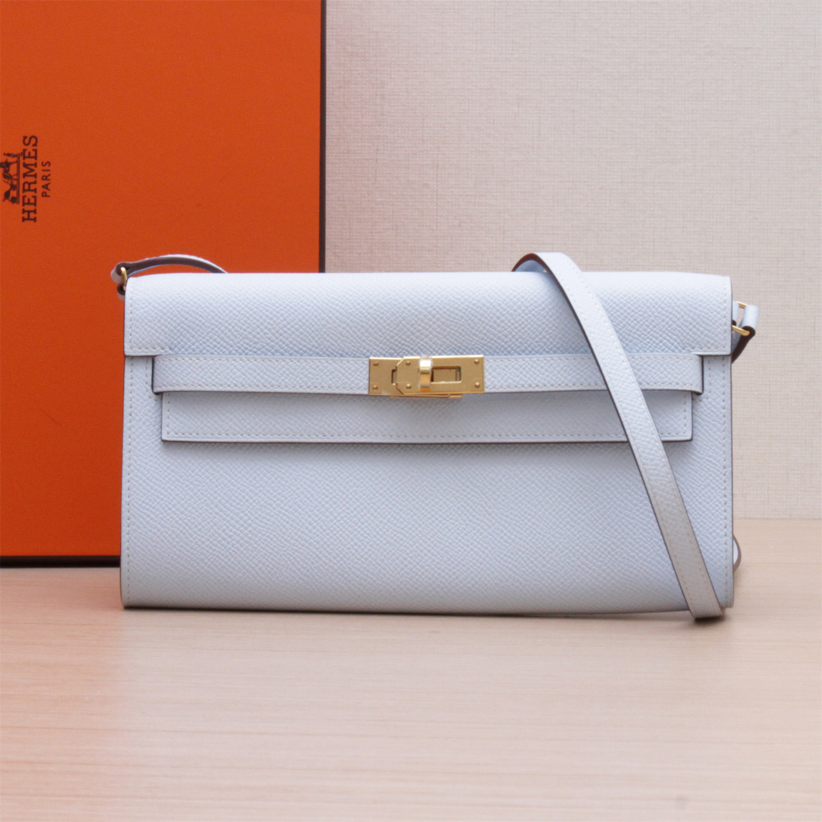 99新 Hermes/爱马仕 小花攀攀Kelly Long To Go 雾霾藍 Ep皮Z刻包