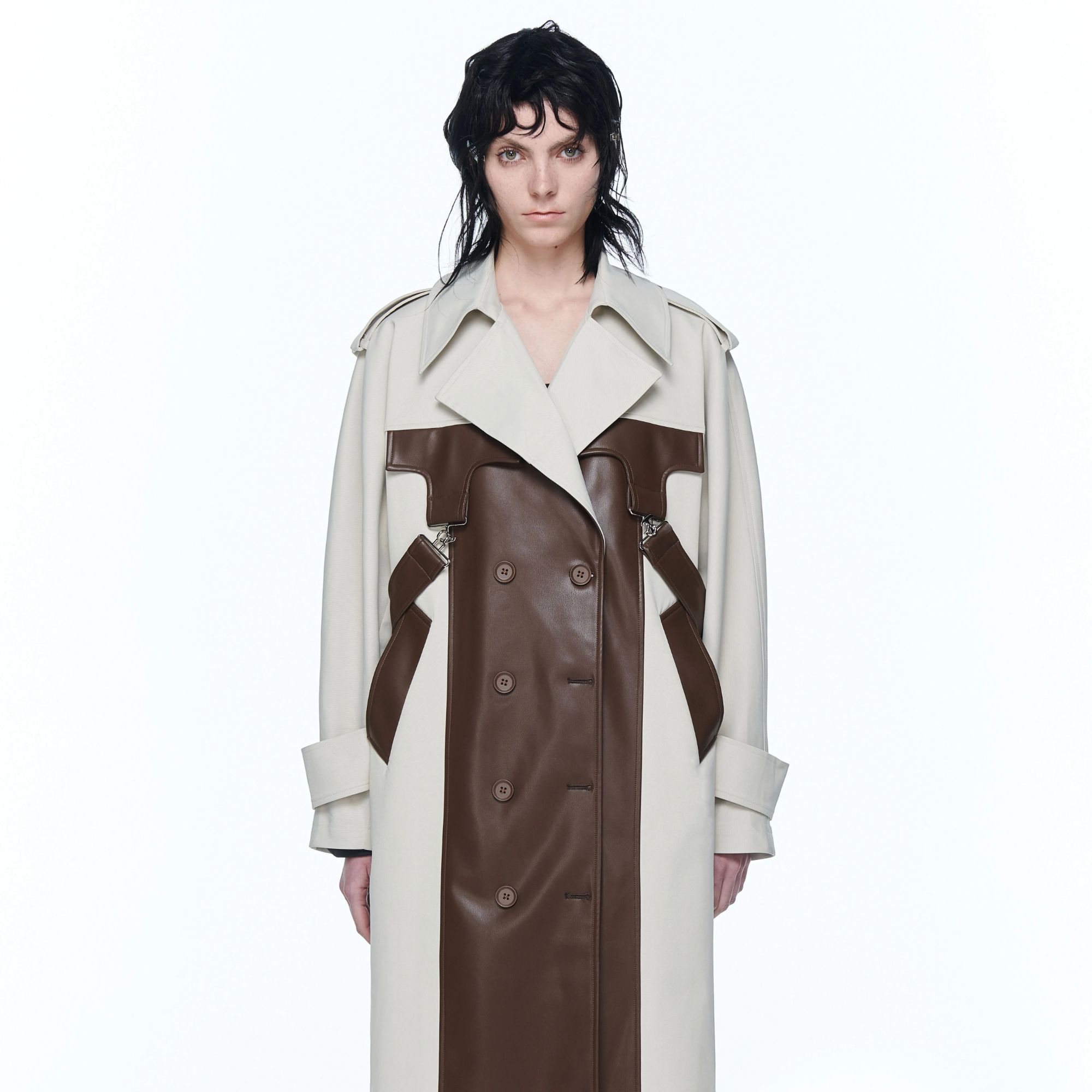 24ans"Freedom" leather windcoat "自由"皮拼风衣（无腰带