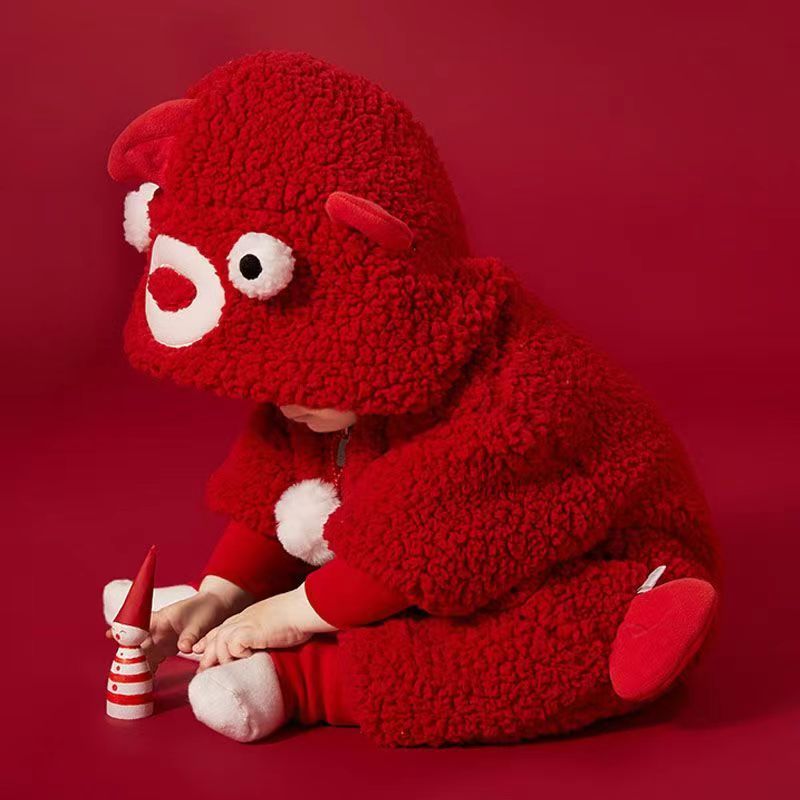 婴儿连体衣冬季中国风宝宝红色连体衣超萌保暖羊羔绒连帽哈衣爬服