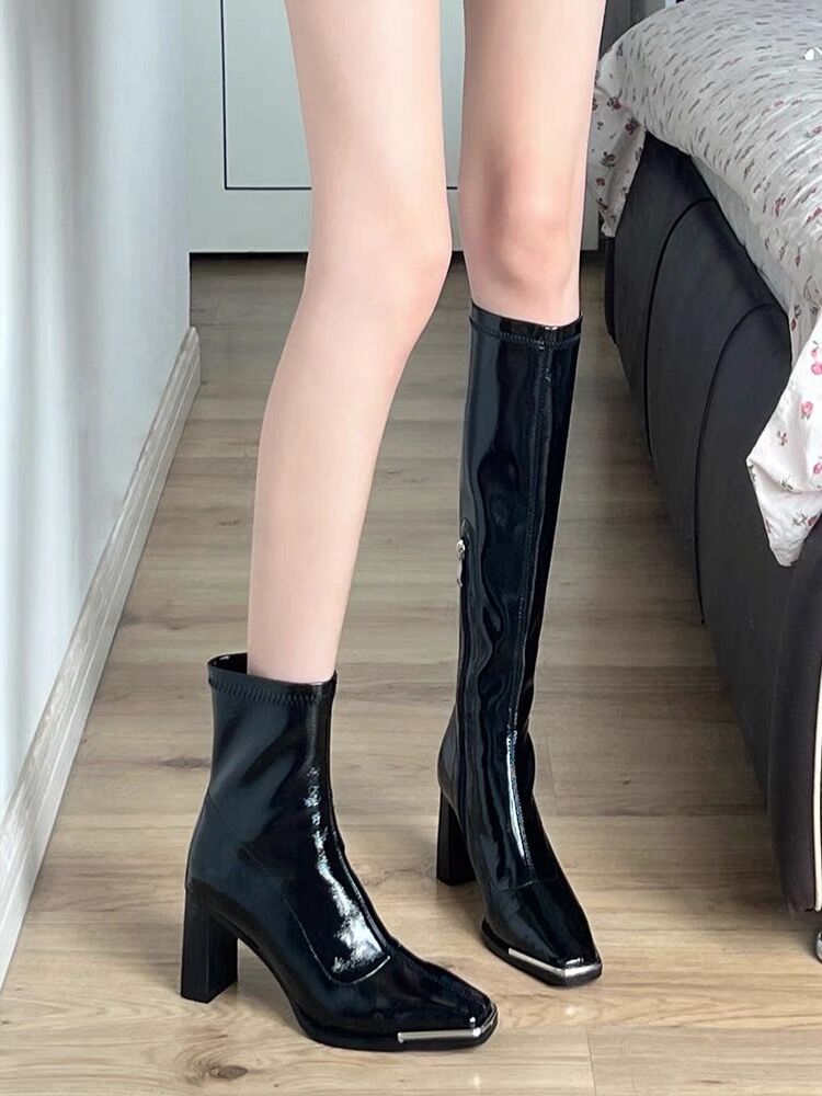 AW大王金属方头漆皮粗跟高跟拉链长靴女肯豆同款不过膝靴高筒靴女