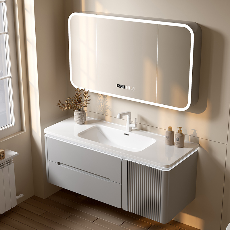 橡木烤漆挡水陶瓷一体盆现代卫生间浴室柜组合智能镜柜洗脸漱台盆