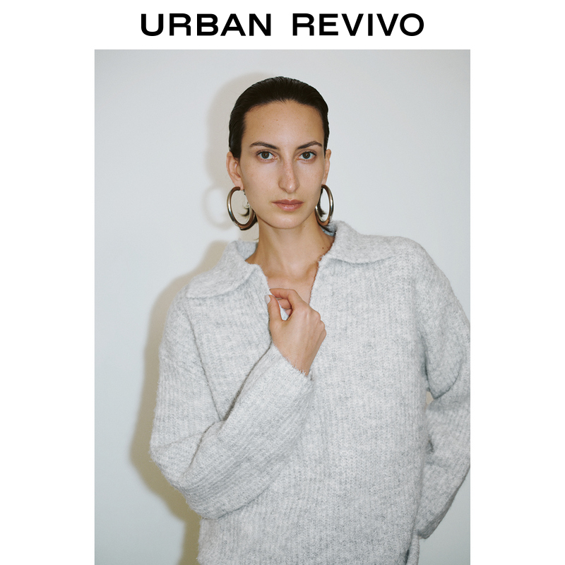 UR2024秋冬新款女装经典气质纯色百搭翻领长袖针织衫UWJ930021