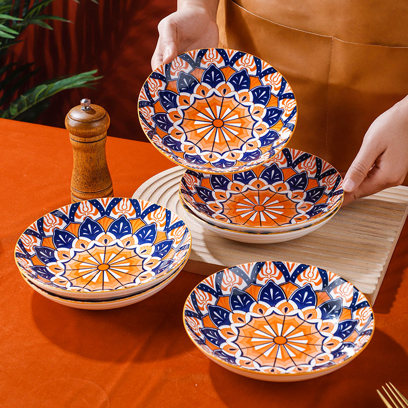 句途波西米亚蓝色/橙色6个7.2英寸圆盘饭盘菜盘子家用餐具