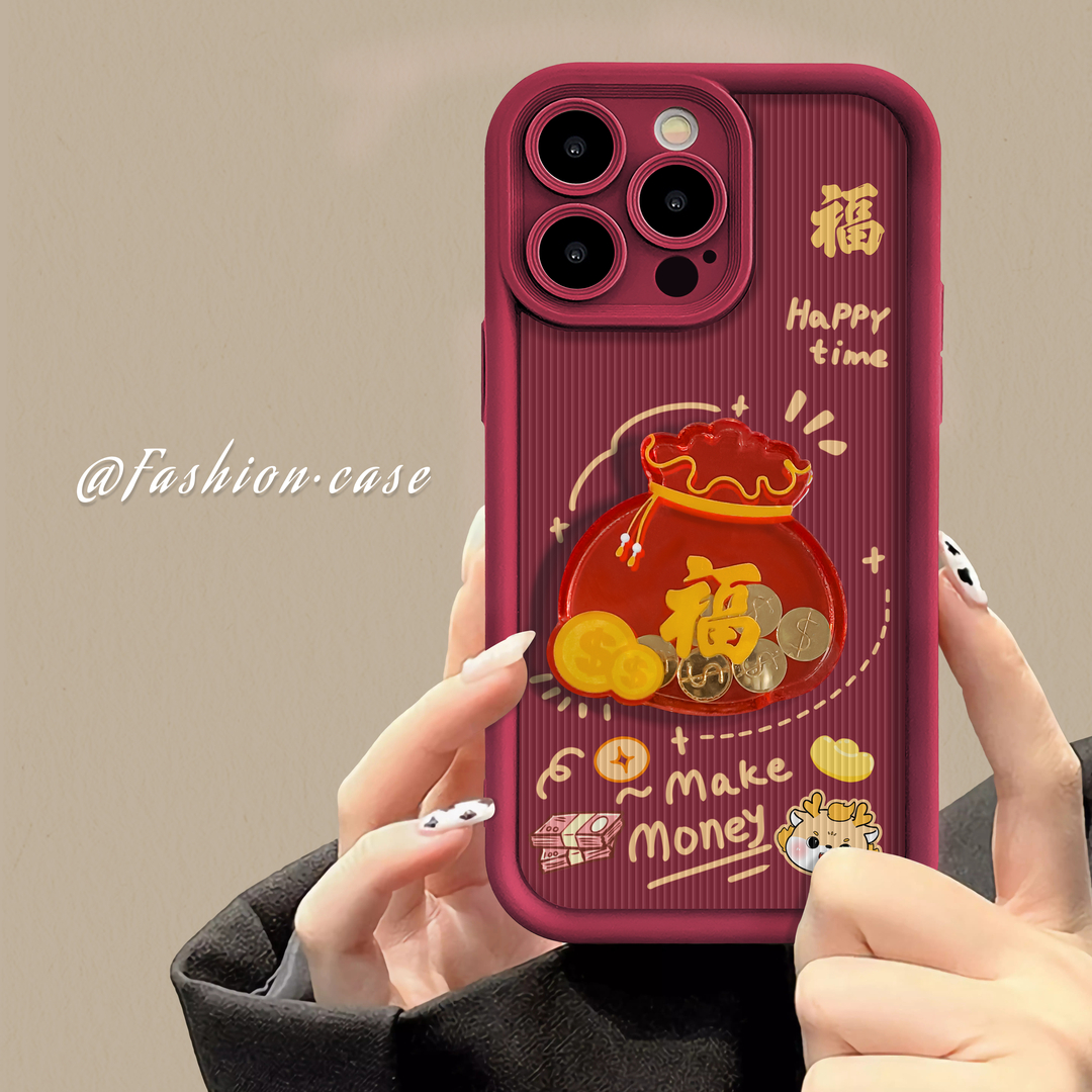 适用于苹果华为OPPO小米VIVO个性福龙钱袋全包防摔阶梯竖皮手机壳