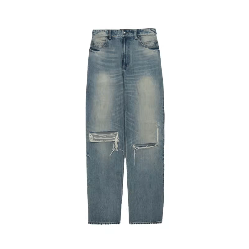 ET 24冬季新款蓝色做旧破洞牛仔裤