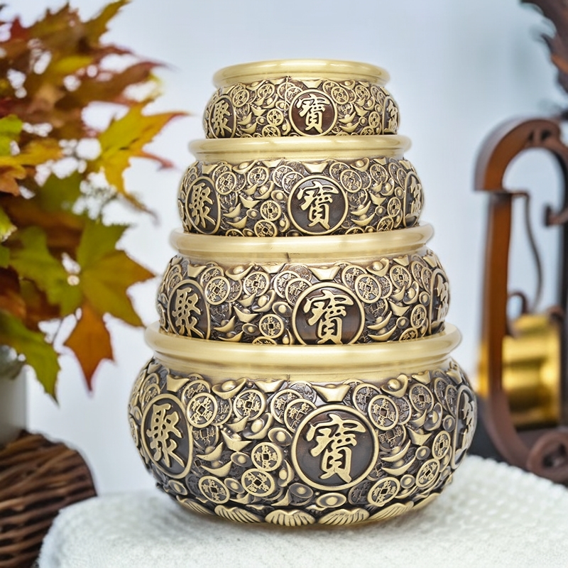 黄铜创意陶瓷聚宝盆摆件工艺品客厅装饰品大号雕刻元宝香炉纯铜