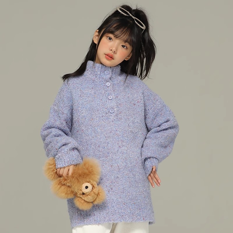 小女森女童秋冬慵懒风圈圈纱毛衣中大童紫色洋气宽松针织立领上衣