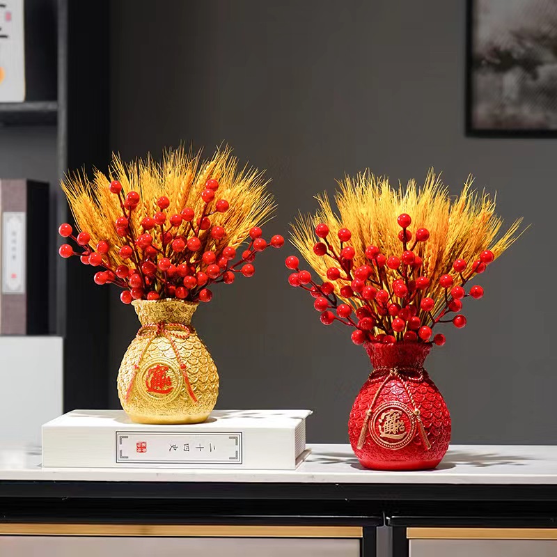 开业乔迁喜事发财红果新中式黄金麦穗仿真花瓶招财袋子客厅电视柜