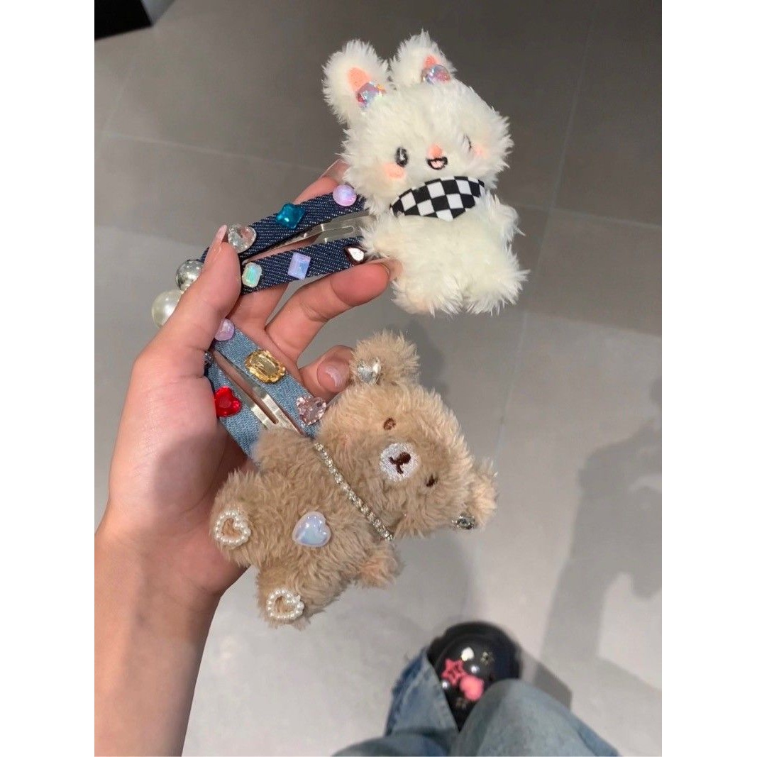 可爱毛绒牛仔发夹卡通小熊小兔子新款日系少女款发卡碎发夹子头饰