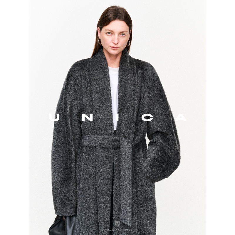 UNICA/经典随意慵懒_秘鲁进口INCA加密皮草感混色羊驼毛浴袍大衣