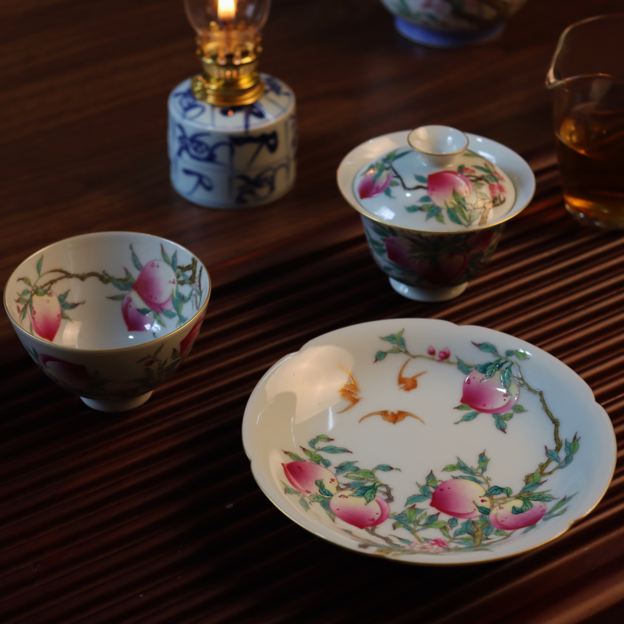 松如堂/  珐琅彩手工手绘九桃盖碗 鸡心杯 壶承套组