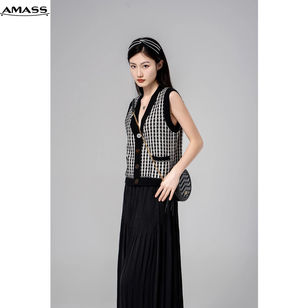 阿玛施/AMASS 秋冬气质款小香风时尚针织千鸟格马甲女士5499167