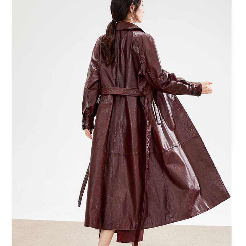 重磅原创设计油蜡头层牛皮大尖领腰带长款真皮风衣外套秋冬女时尚