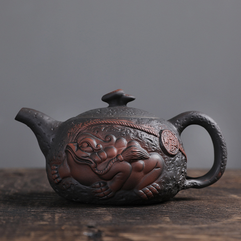 紫陶手工跳刀刻花西施壶金蟾紫砂泡茶壶 (礼盒装）