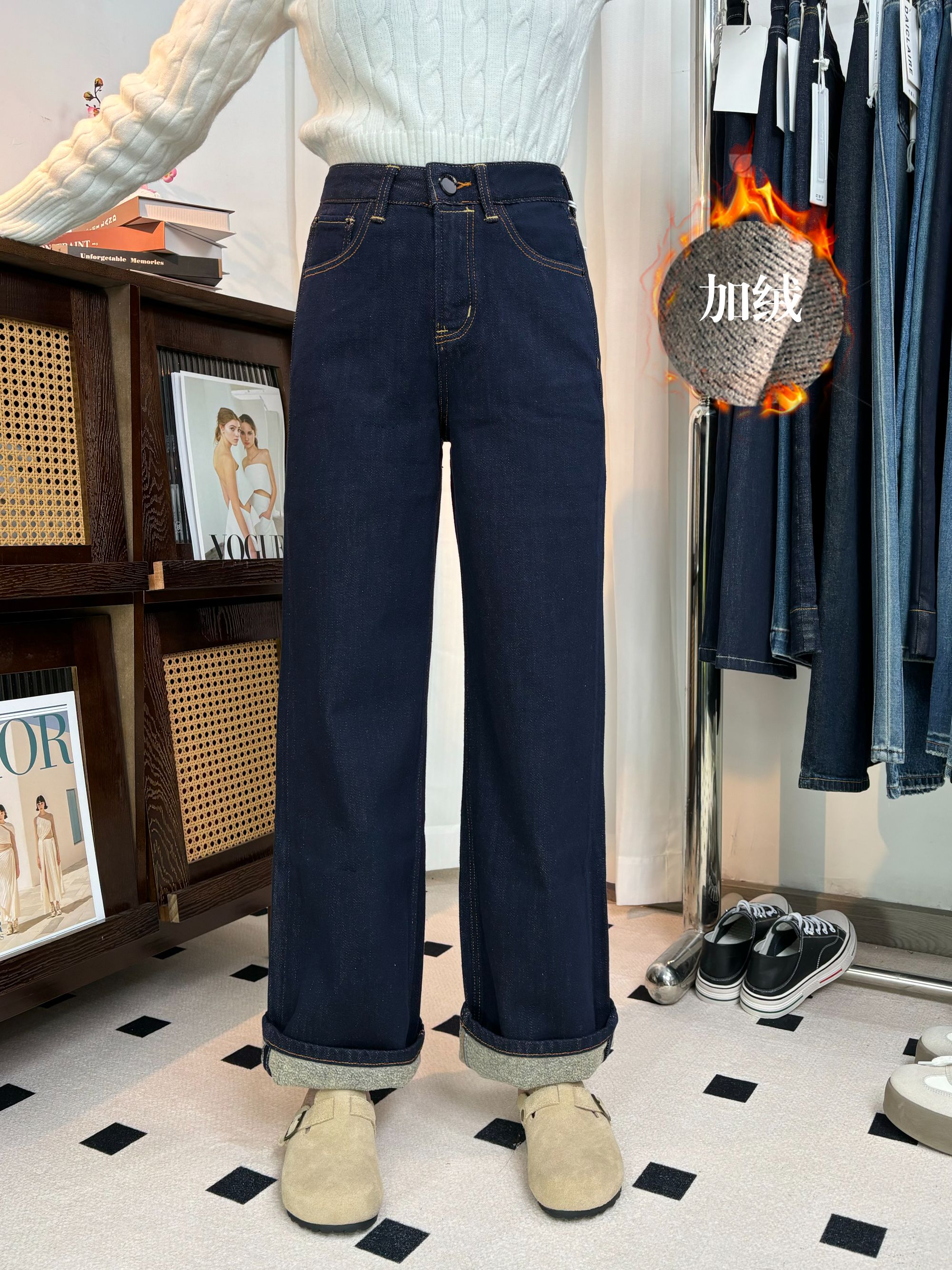 SU【626】花65 素素 MWMA加植绒无弹里普洗深蓝直筒阔腿牛仔裤