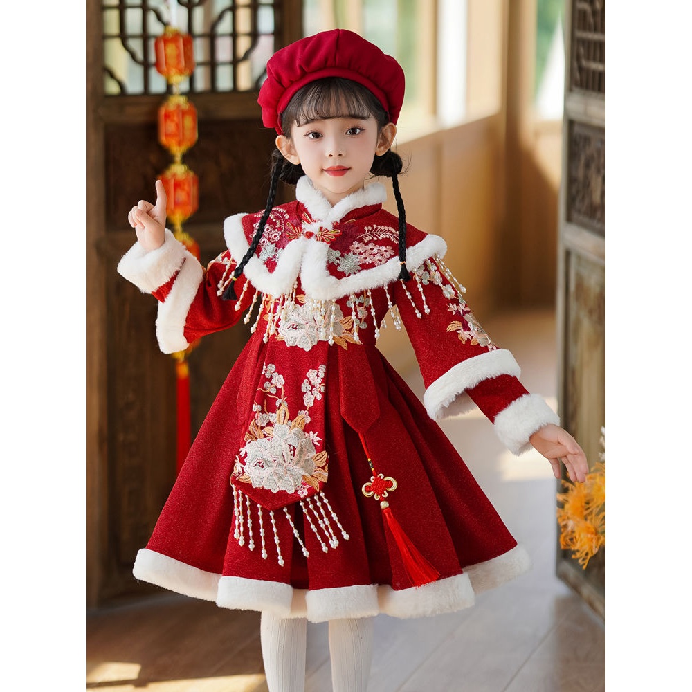 女童拜年秋冬冬季吉祥汉服儿童旗袍加厚加绒唐装中国古装冬款国潮