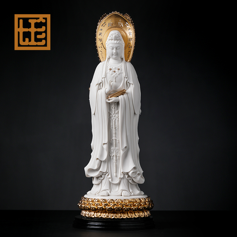 七珍德化白瓷三面观/音家用客厅陶瓷桌面装饰铜彩工艺品摆件