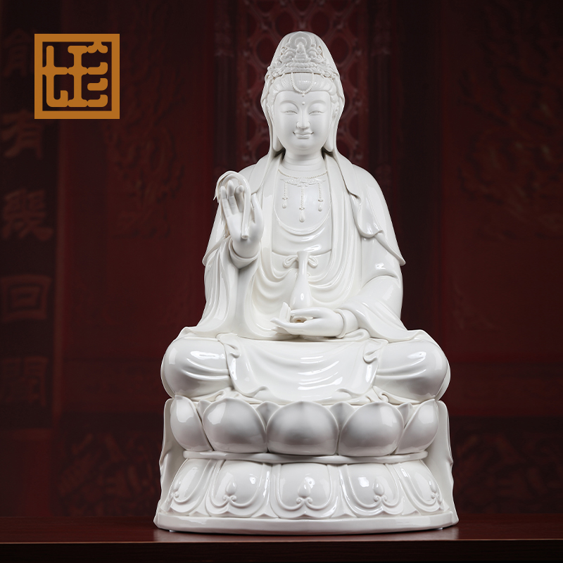 七珍陶瓷摆件《26英寸坐莲观音》大型玄关客厅观世音宝相装饰摆件