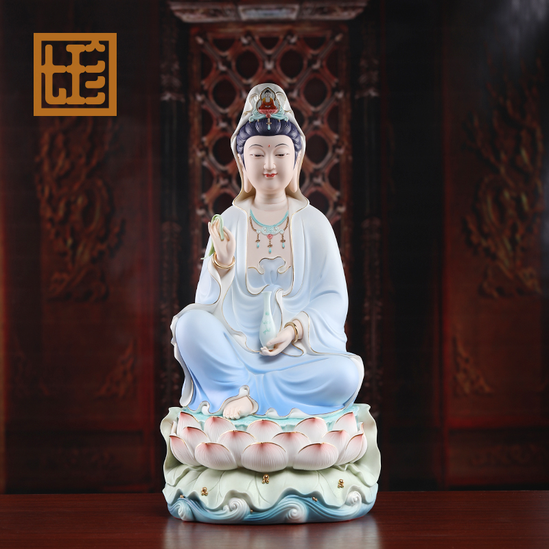七珍陶瓷摆件《16英寸水莲座自在观/音蓝衣彩》家用桌面装饰工艺品