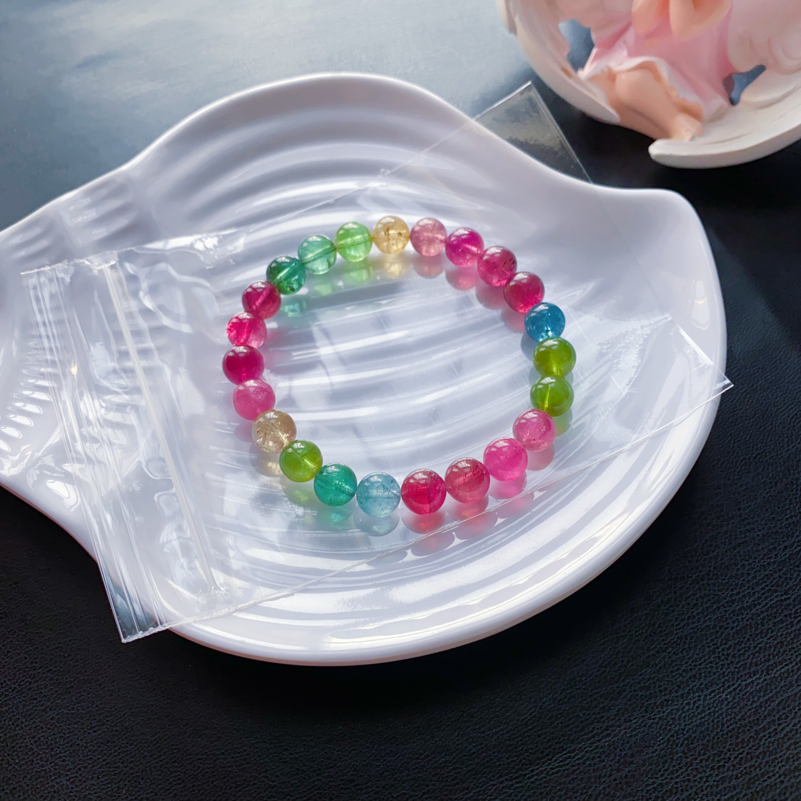 天然巴西荧光色标彩虹碧玺单圈手链 浓艳油亮全色系 晶体通透女款
