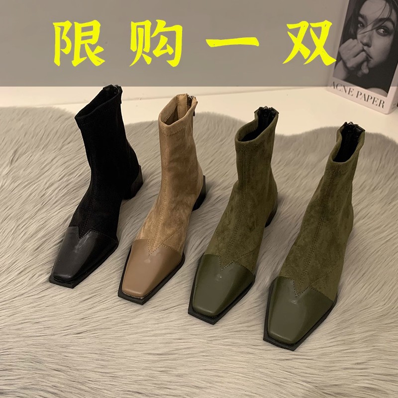 红蜻蜓牌棕色复古短靴女2023新款春秋单靴韩系小踝靴方头拼接粗