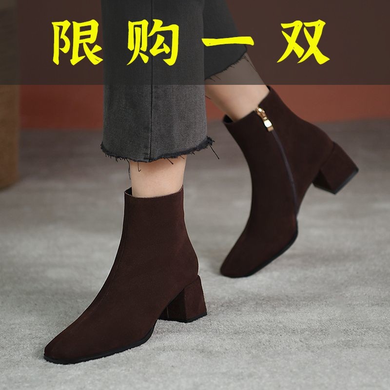 红蜻蜓牌磨砂软皮法式中跟小短靴女2023年新款瘦瘦靴冬季女靴粗
