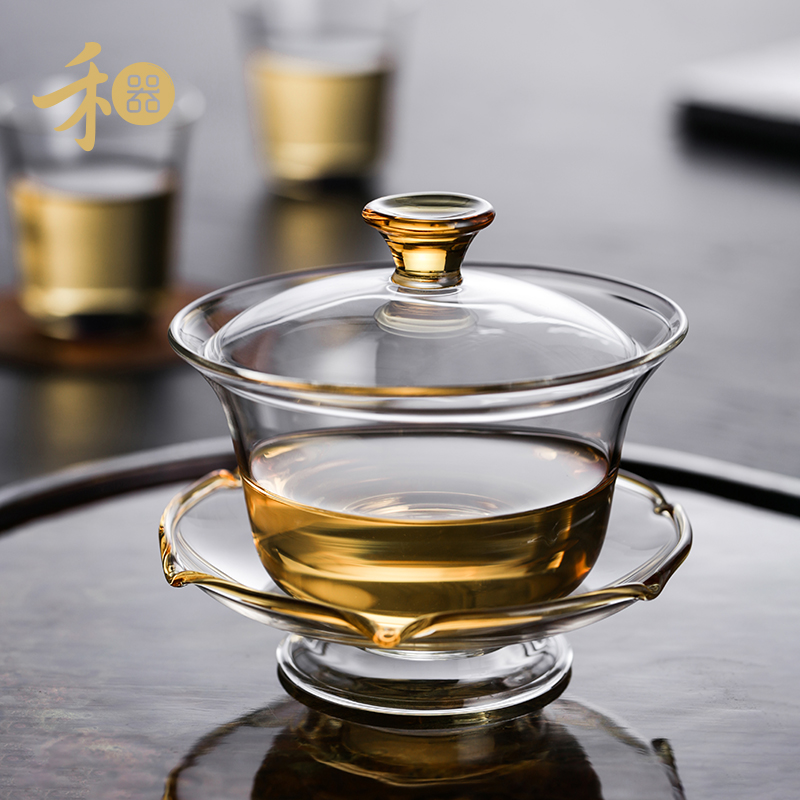 禾器玻璃盖碗茶碗晶彩沁莲盖碗高品质玻璃茶具耐高温玻璃泡茶