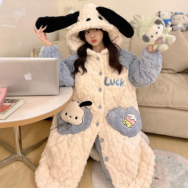 冬季女士睡袍可外穿秋冬款珊瑚绒睡衣加厚加绒套装家居服