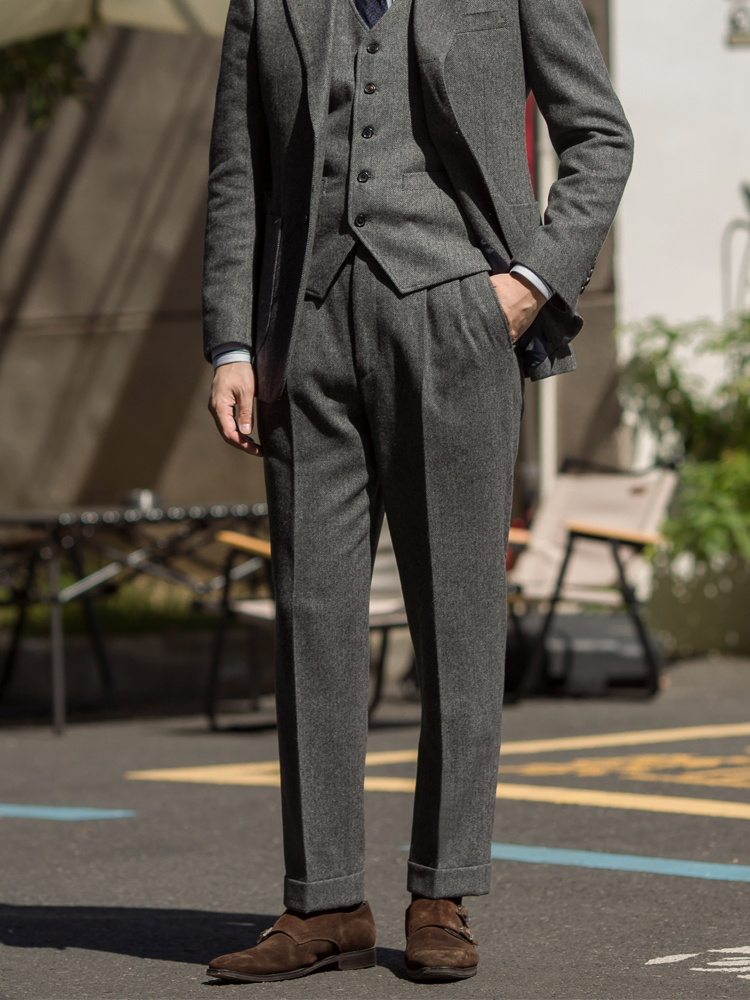 意式 秋冬粗花呢人字纹 那不勒斯双褶款休闲西裤 中高腰 男士