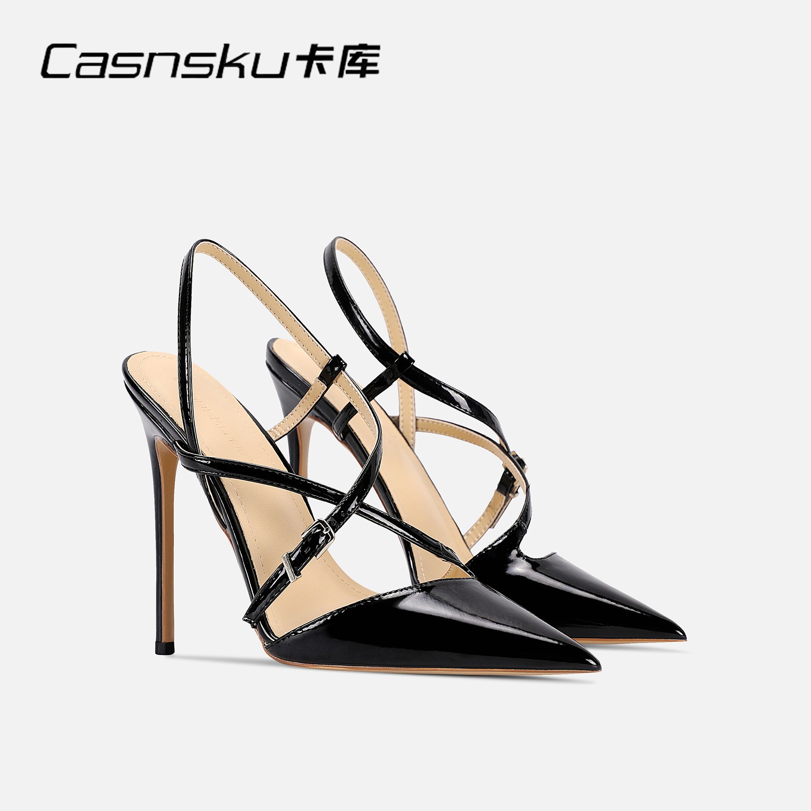 CASNSKU/卡库黑色漆皮包头凉鞋交叉绑带高跟鞋性感透气2023年新款