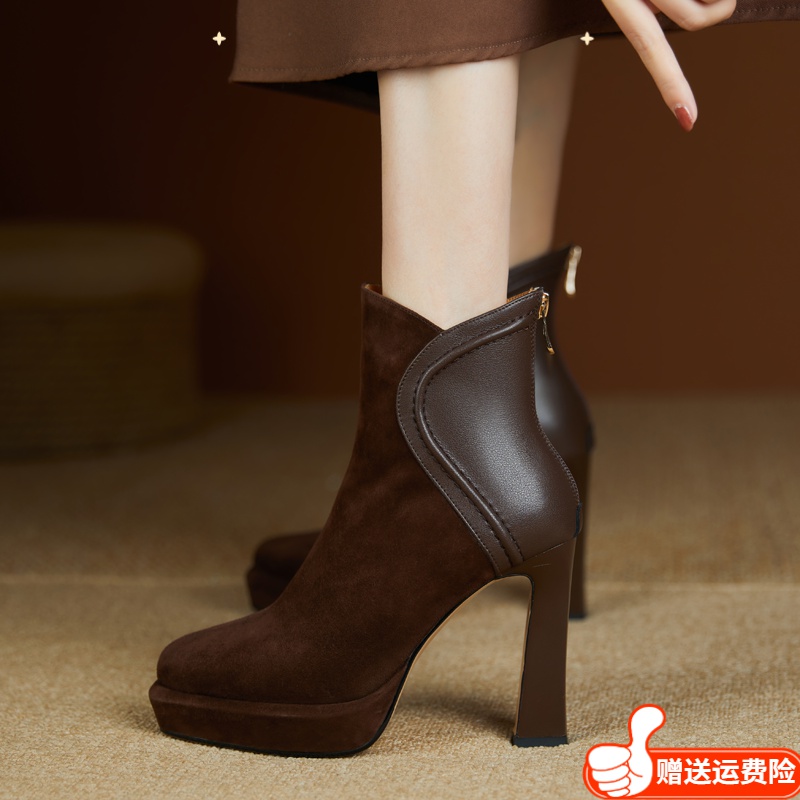 红蜻蜓牌软皮防水台高跟短靴女2023冬季新款加绒粗跟马丁靴春冬季