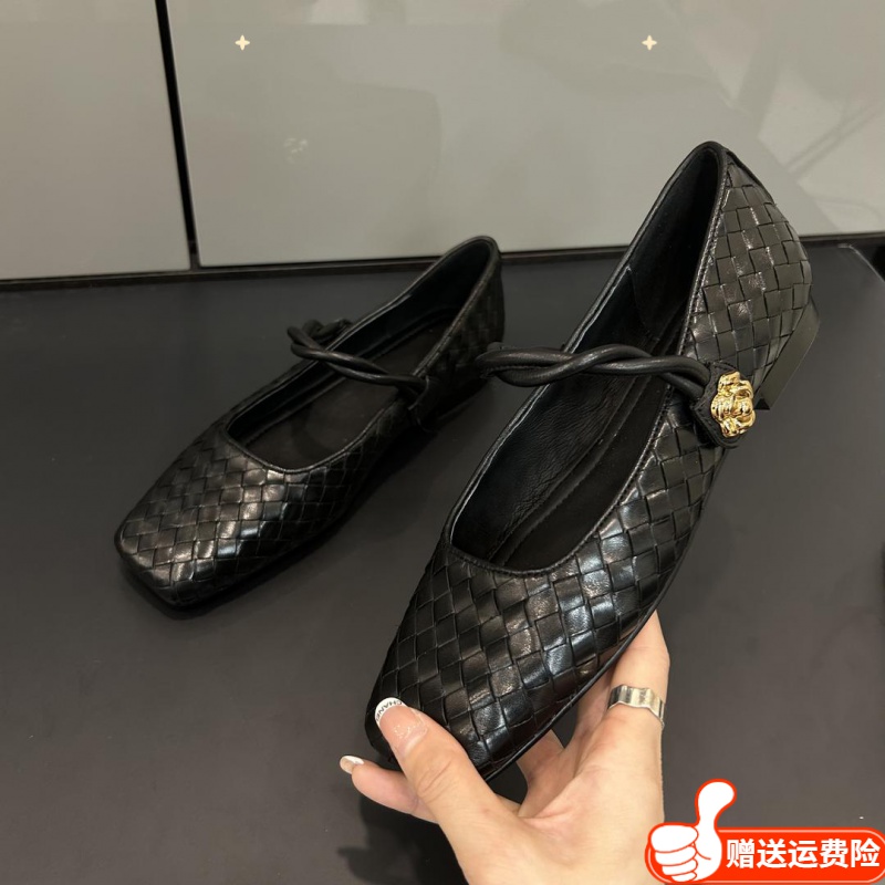 红蜻蜓牌女鞋2023春冬季新款时尚方头平底玛丽珍鞋单鞋女黑色复古