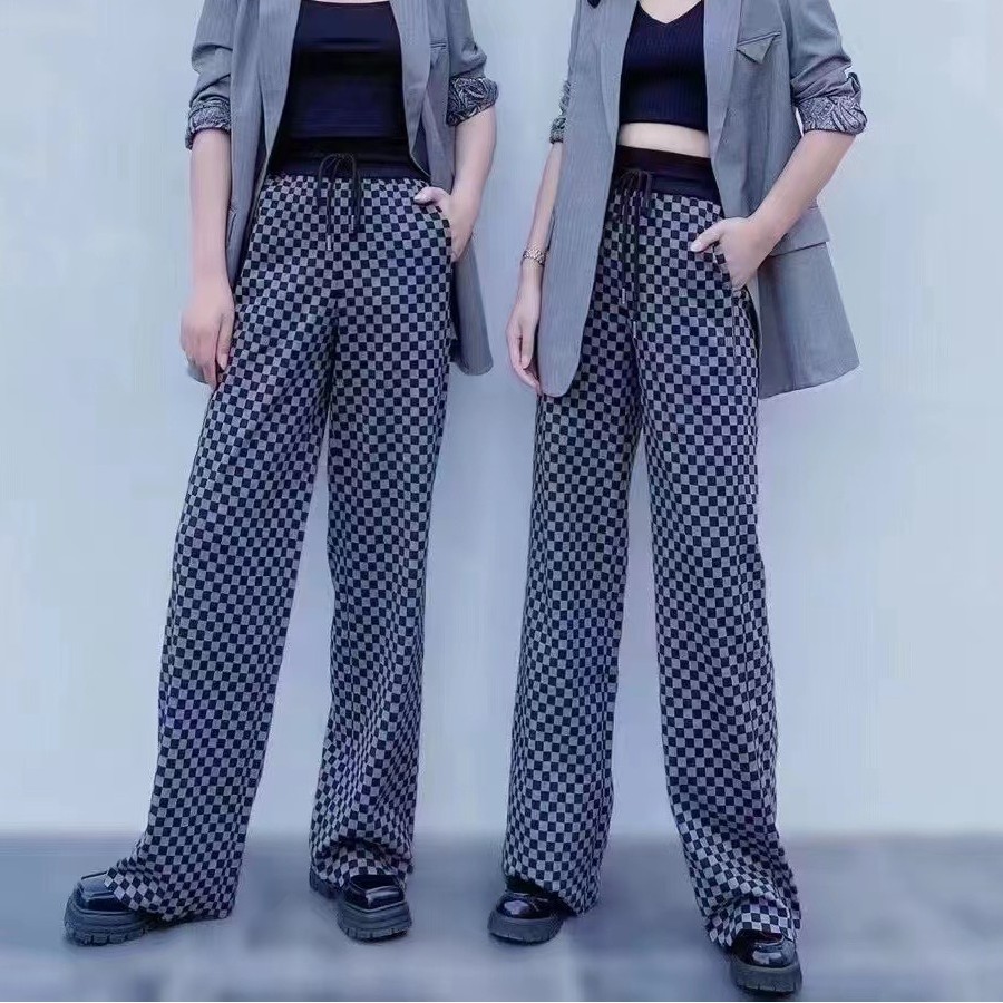 玛丝恩迪棋盘格两色休闲直筒修身长裤格子高腰春季13912