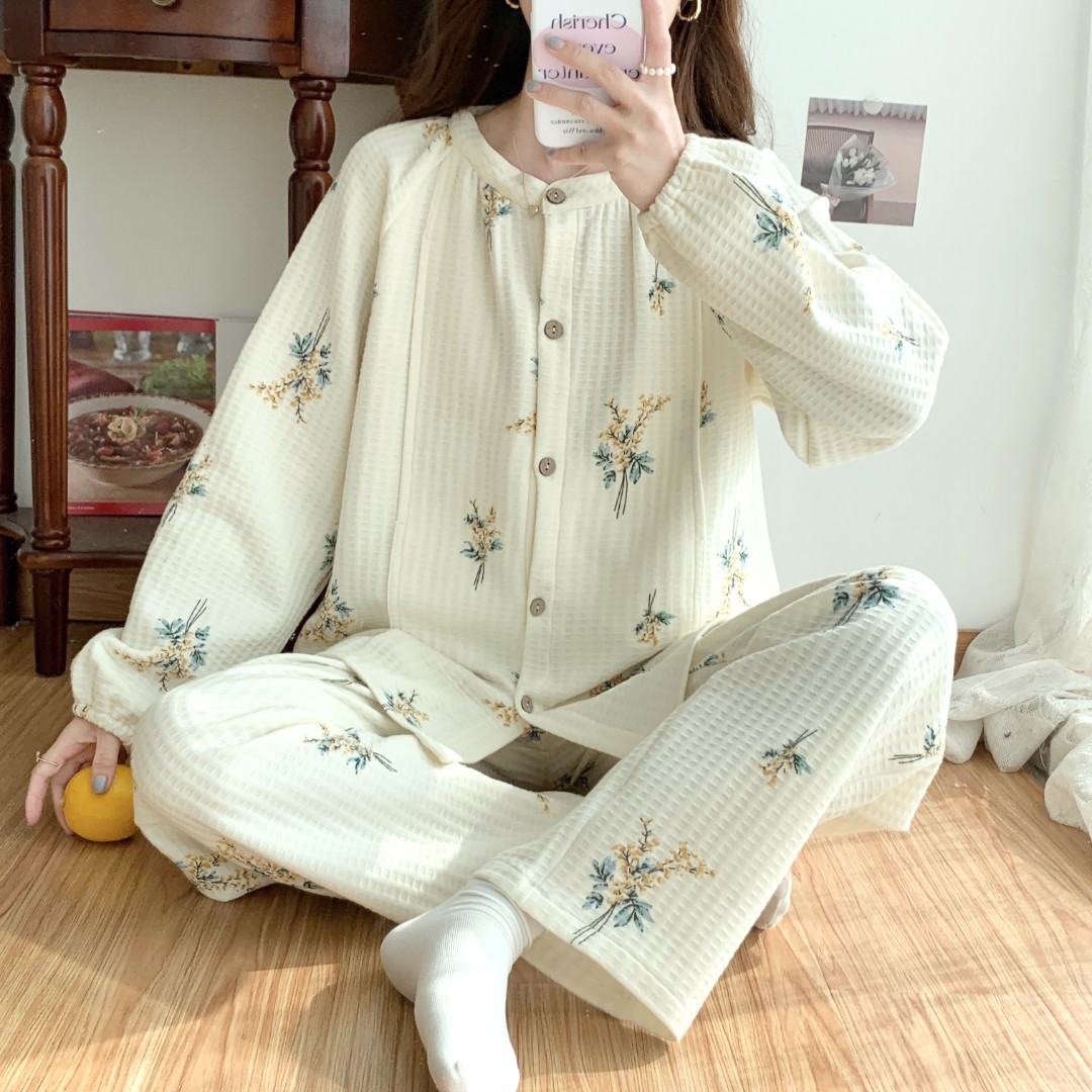 孕妇空气棉哺乳睡衣月子服秋冬季加厚家居服套装绿叶