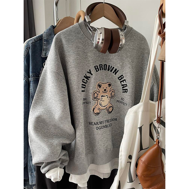 重工刺绣贴布小熊秋冬新款宽松圆领宽松减龄韩系卫衣女春秋款