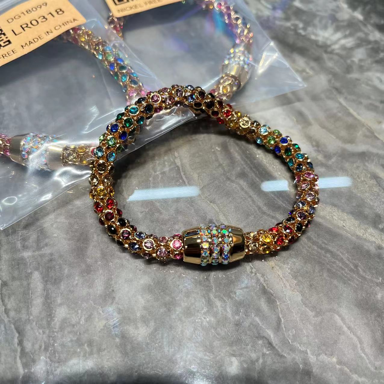 铜合金合成锆石手链 0318 铜合金手链玫瑰色重工微镶彩色锆石手链